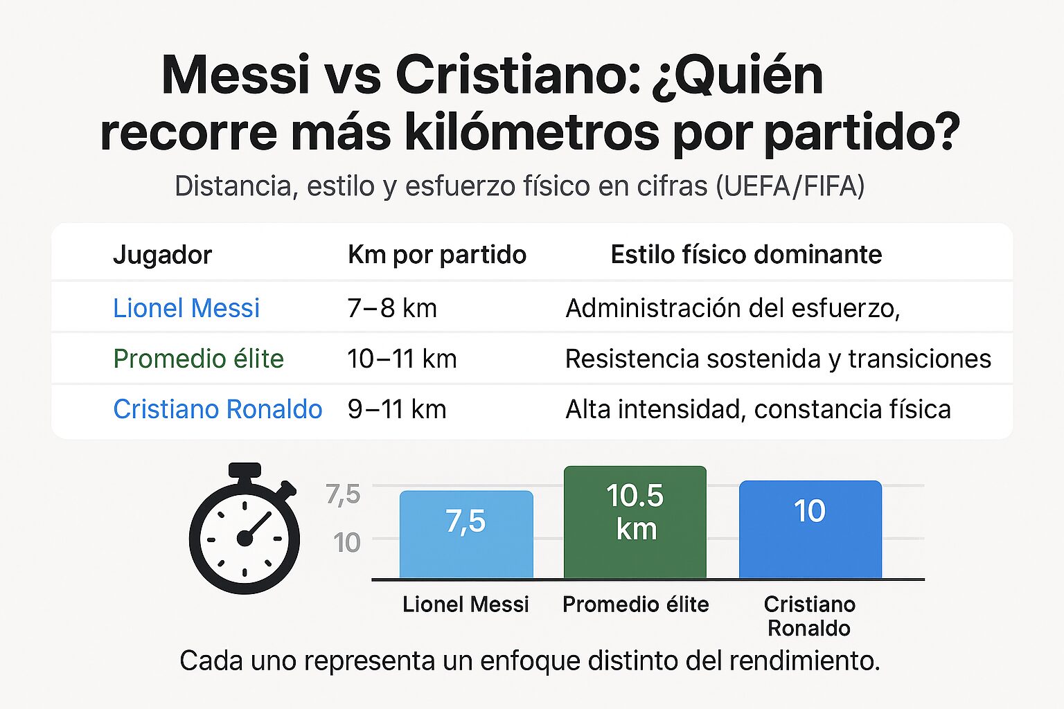 Comparativa distancia recorrida(km por partido) Messi vs Cristiano