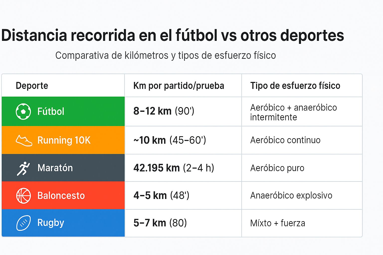 Distancia recorrida fútbol vs otros deportes